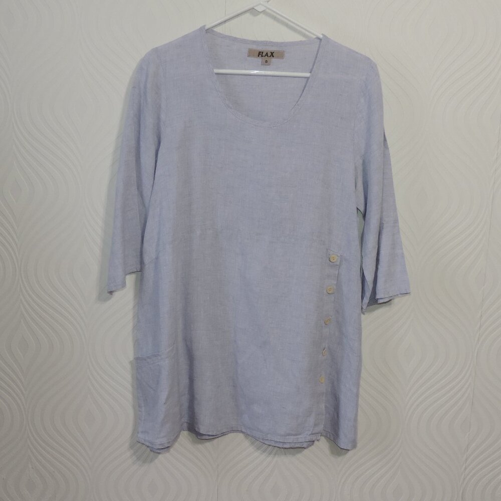 FLAX sz S Blue Linen Side Button Empire Waist Tunic 3/4 slv